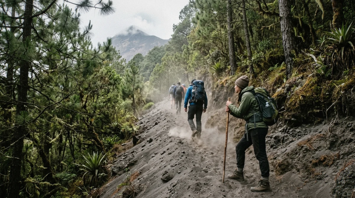 Hikers climbing a steep sandy trail through cloud forest on an Acatenango volcano tour above Antigua, Guatemala