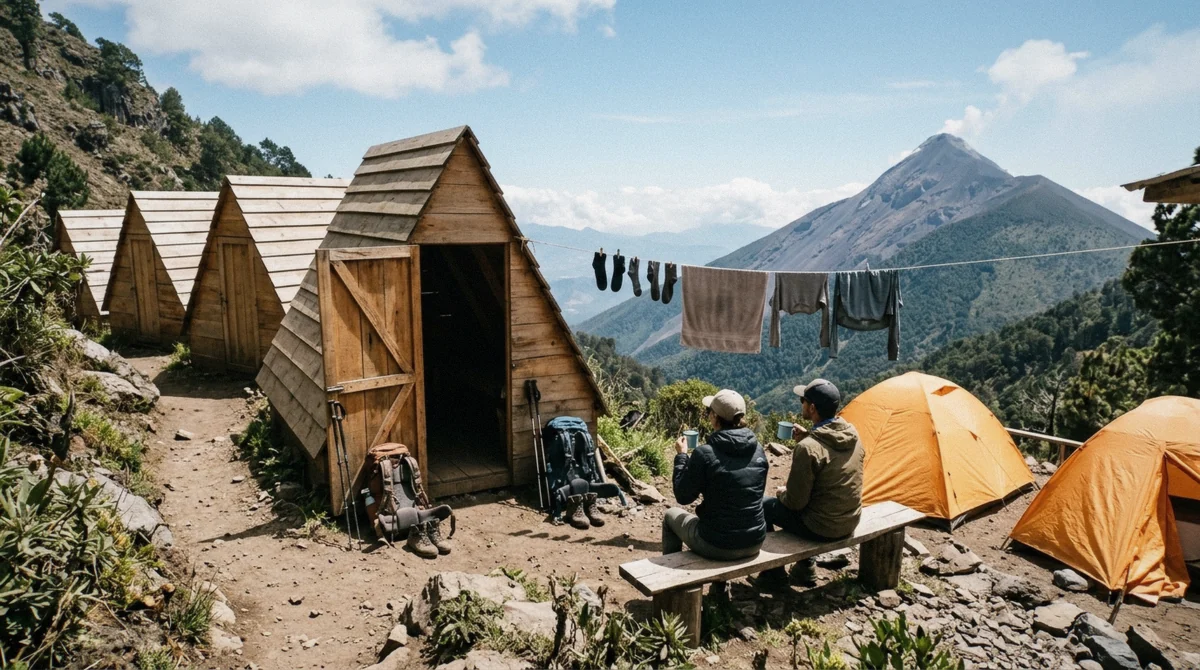 Wooden cabins and tents at base camp, the difference between the price tiers on an Acatenango volcano tour, Guatemala