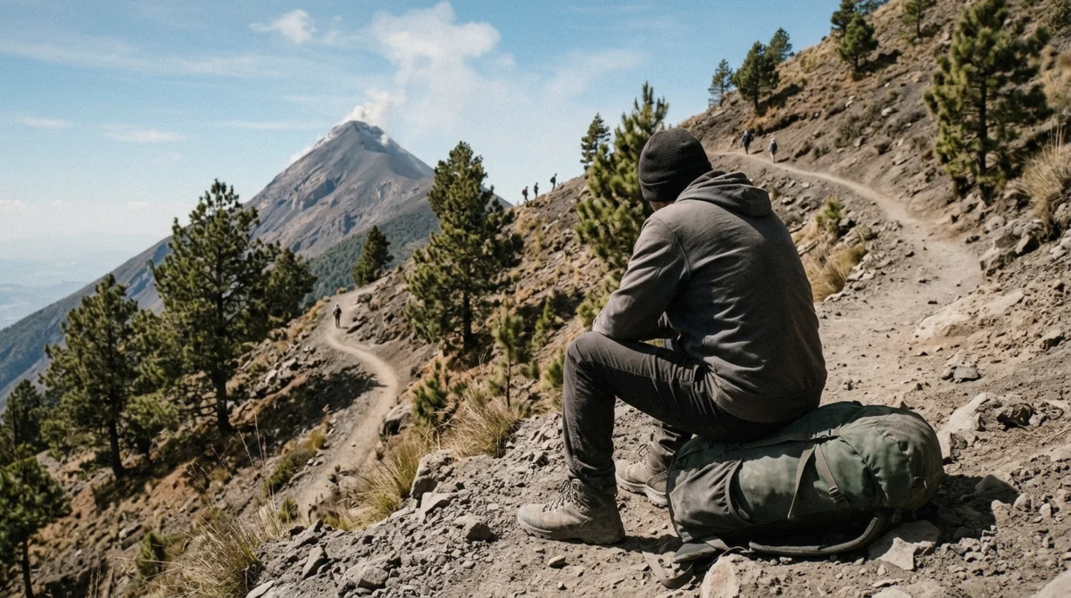 A hiker resting on a trail bench during an Acatenango volcano tour, the kind of planning mistake that costs energy before the climb even starts